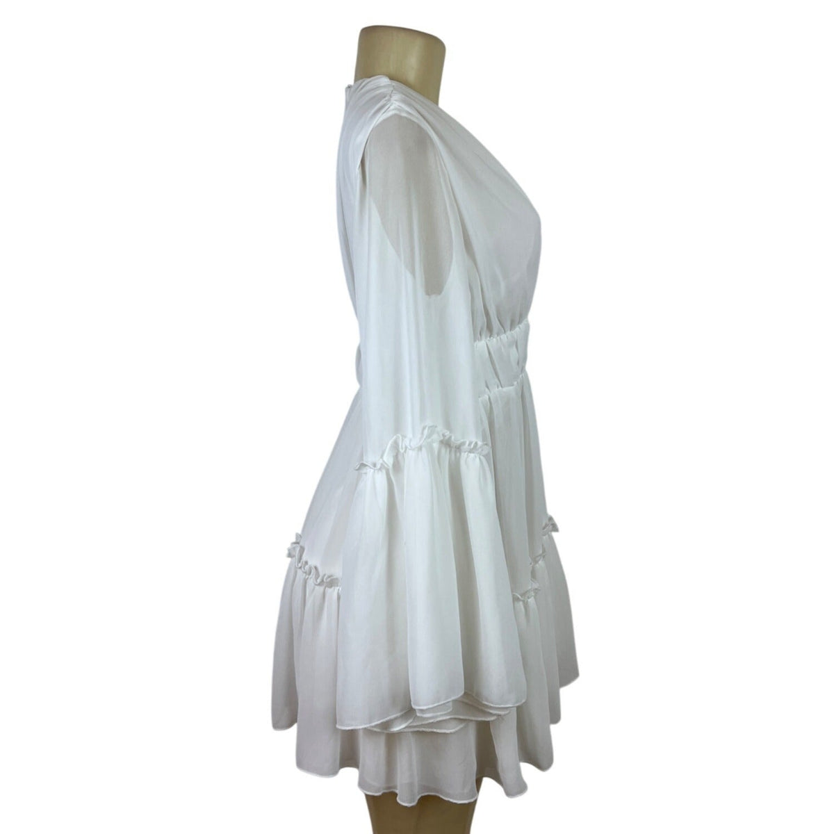 MISS ORD White Flowy Bell Sleeve Mini Dress With Deep V-Neck & Ruffle Sz S