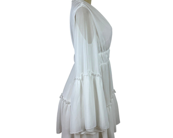 MISS ORD White Flowy Bell Sleeve Mini Dress With Deep V-Neck & Ruffle Sz S