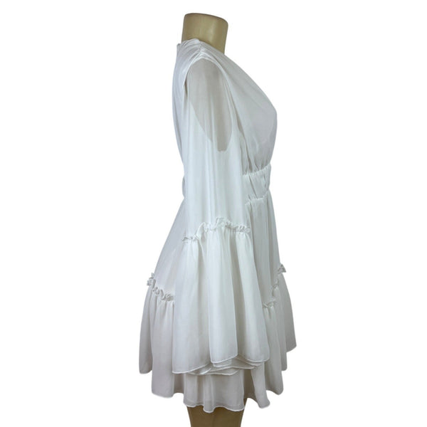 MISS ORD White Flowy Bell Sleeve Mini Dress With Deep V-Neck & Ruffle Sz S
