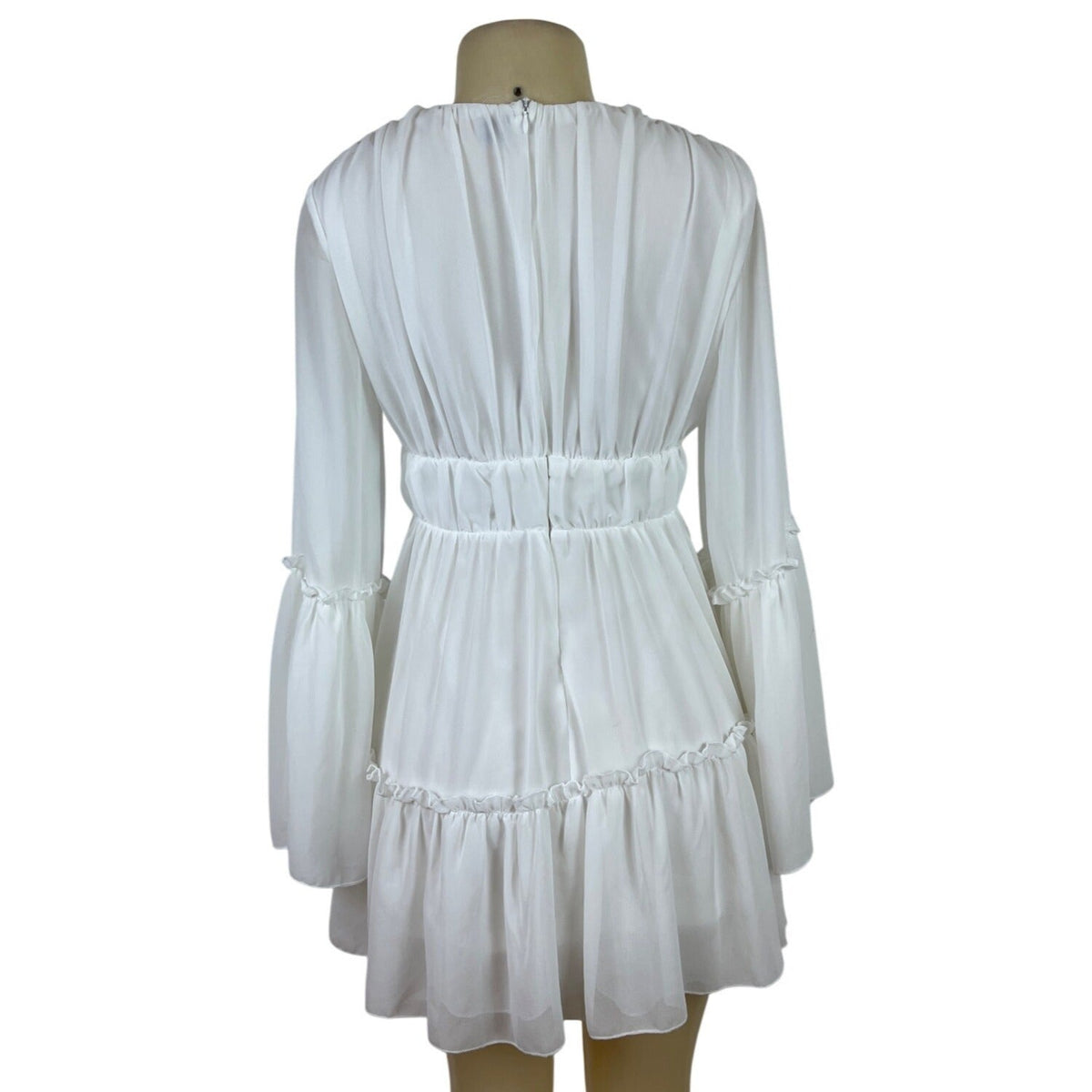 MISS ORD White Flowy Bell Sleeve Mini Dress With Deep V-Neck & Ruffle Sz S