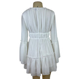 MISS ORD White Flowy Bell Sleeve Mini Dress With Deep V-Neck & Ruffle Sz S