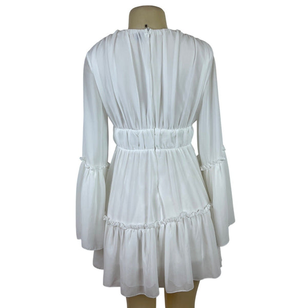 MISS ORD White Flowy Bell Sleeve Mini Dress With Deep V-Neck & Ruffle Sz S