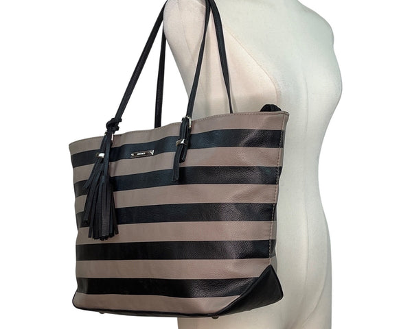 Nine West Taupe & Black Striped Faux Leather Black Tassel Detail Tote Bag Sz L