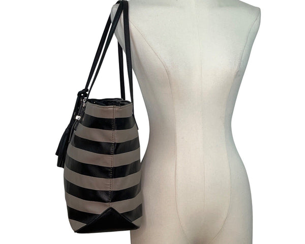 Nine West Taupe & Black Striped Faux Leather Black Tassel Detail Tote Bag Sz L