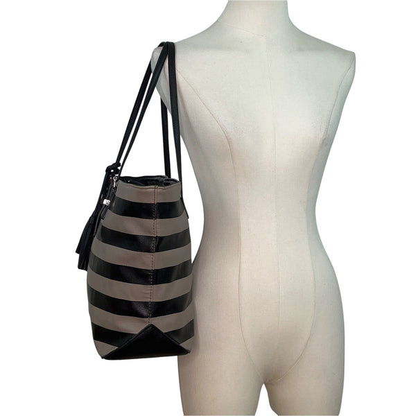 Nine West Taupe & Black Striped Faux Leather Black Tassel Detail Tote Bag Sz L