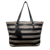 Nine West Taupe & Black Striped Faux Leather Black Tassel Detail Tote Bag Sz L