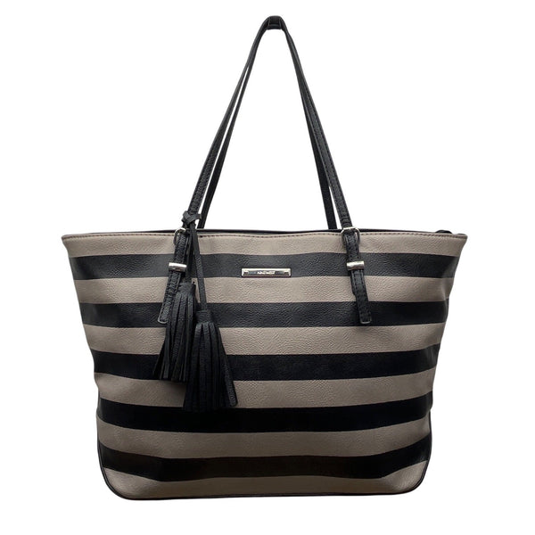 Nine West Taupe & Black Striped Faux Leather Black Tassel Detail Tote Bag Sz L