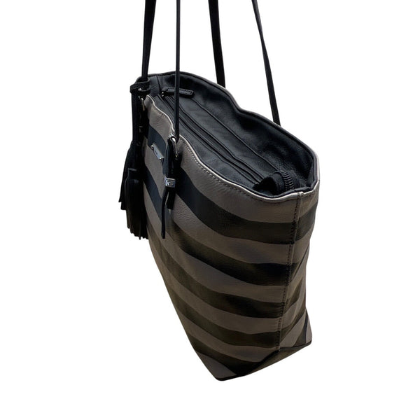Nine West Taupe & Black Striped Faux Leather Black Tassel Detail Tote Bag Sz L