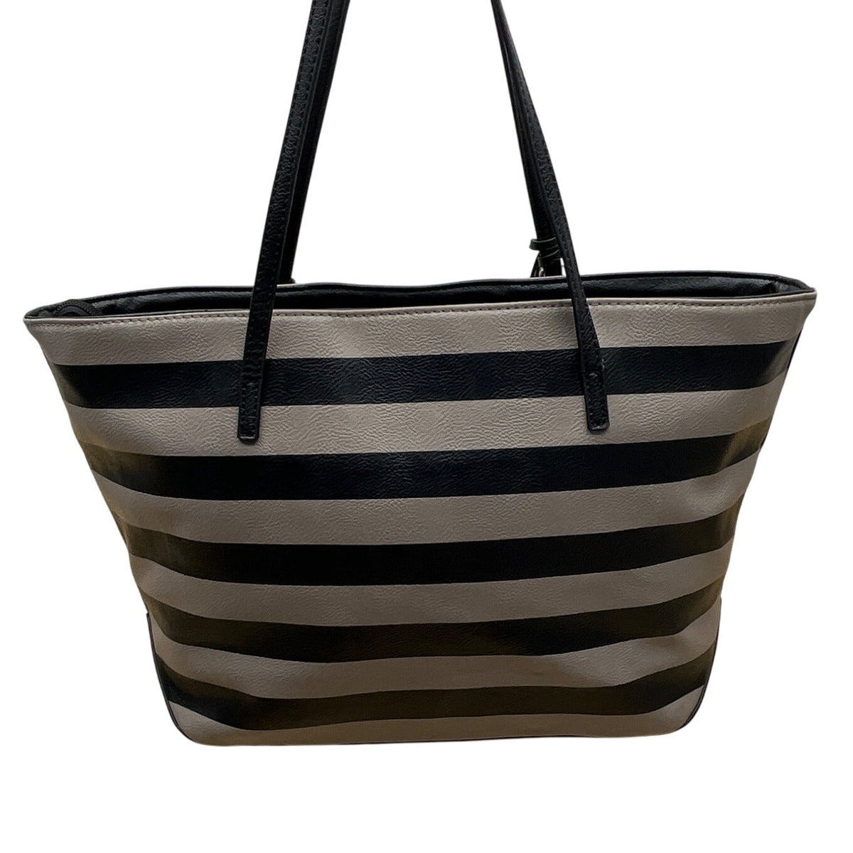 Nine West Taupe & Black Striped Faux Leather Black Tassel Detail Tote Bag Sz L