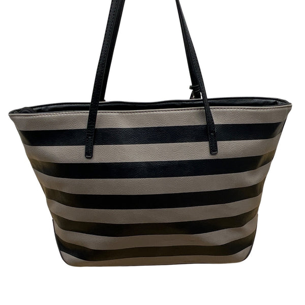 Nine West Taupe & Black Striped Faux Leather Black Tassel Detail Tote Bag Sz L