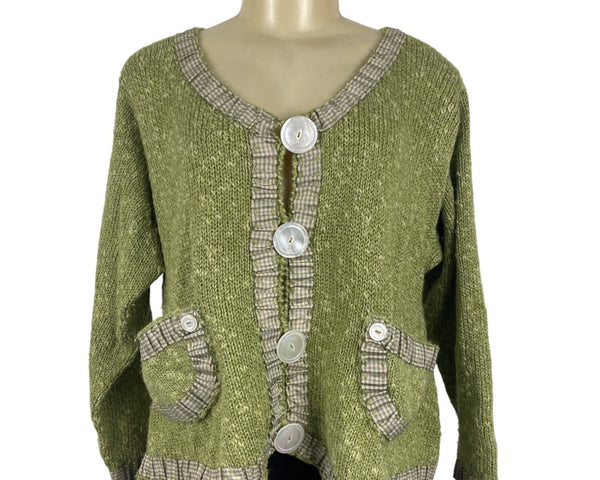 Hot Knots Green Knitted Cardigan With Gingham Accents & Large Buttons