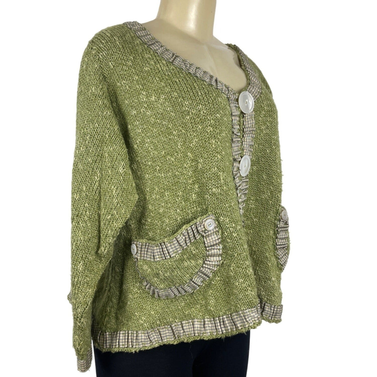 Hot Knots Green Knitted Cardigan With Gingham Accents & Large Buttons