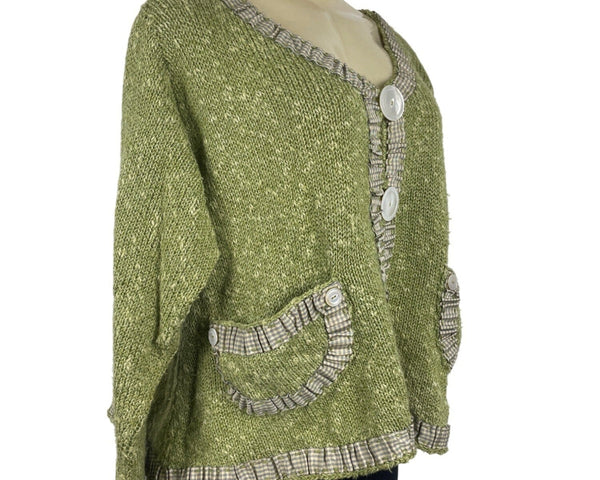Hot Knots Green Knitted Cardigan With Gingham Accents & Large Buttons