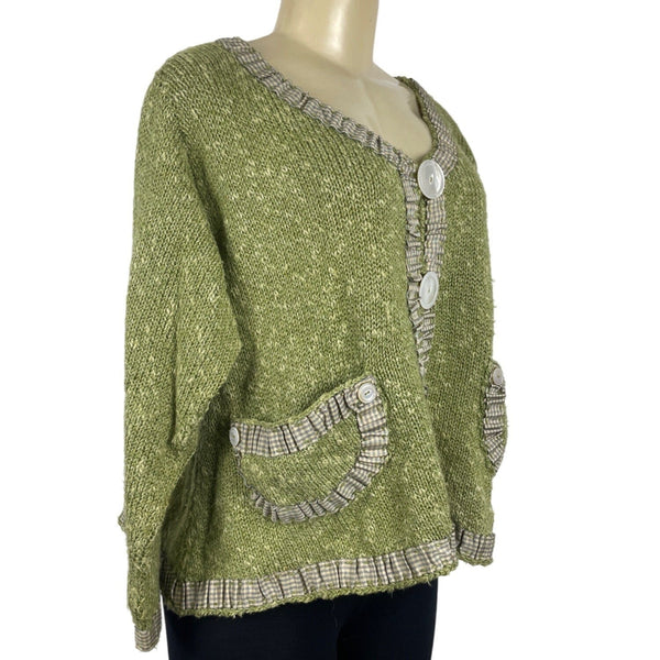 Hot Knots Green Knitted Cardigan With Gingham Accents & Large Buttons