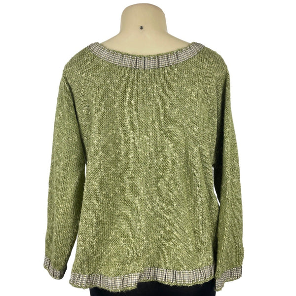 Hot Knots Green Knitted Cardigan With Gingham Accents & Large Buttons