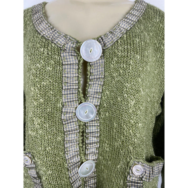 Hot Knots Green Knitted Cardigan With Gingham Accents & Large Buttons
