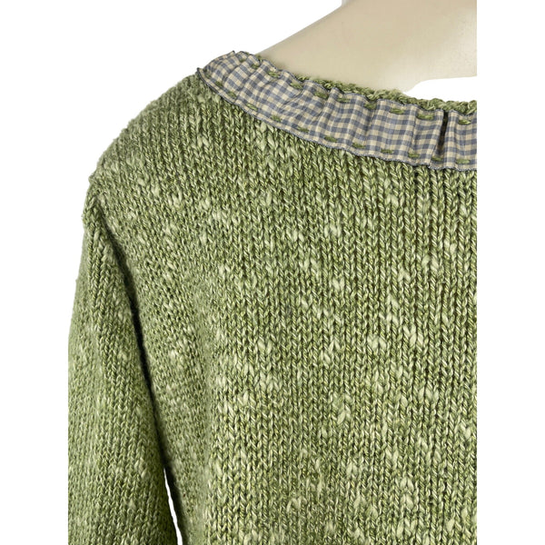 Hot Knots Green Knitted Cardigan With Gingham Accents & Large Buttons