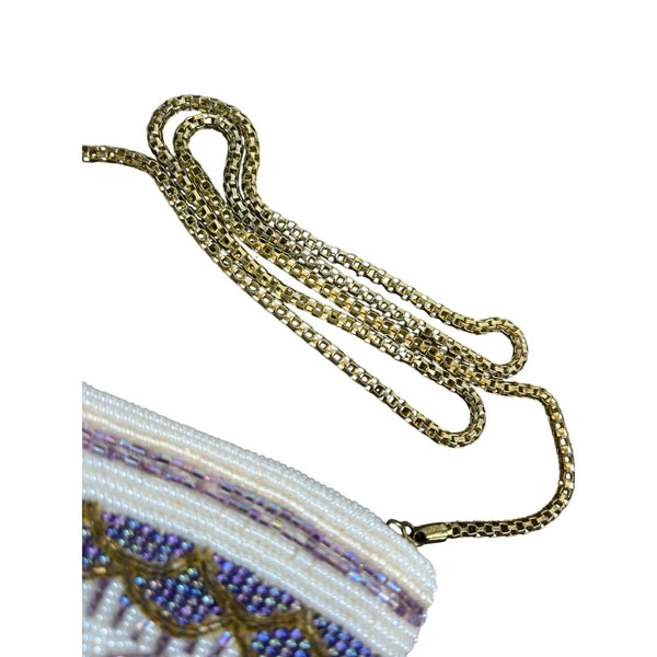 Vintage Le Regale Ivory & Purple Beaded Chain Strap Womens Evening Clutch Sz S