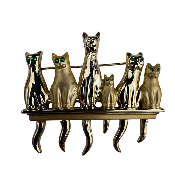 Gold Tone Cat Family Brooch Jewelry Green Eye Accents Vintage Style Pin