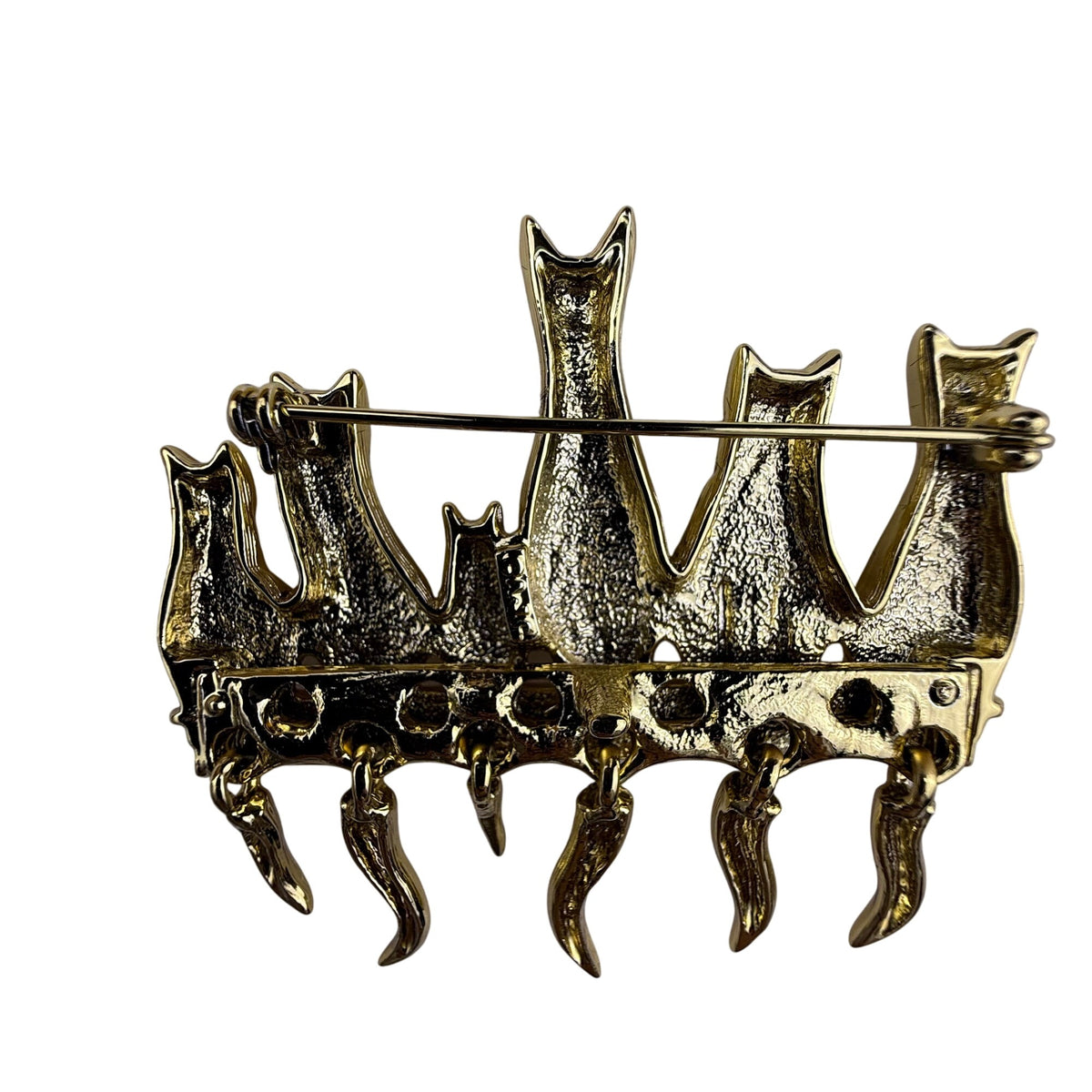 Gold Tone Cat Family Brooch Jewelry Green Eye Accents Vintage Style Pin