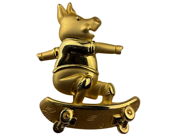 Vintage JJ Gold Tone Pig Skateboarder Pin Brooch Animal Motif  Jewelry