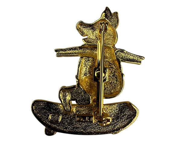 Vintage JJ Gold Tone Pig Skateboarder Pin Brooch Animal Motif  Jewelry