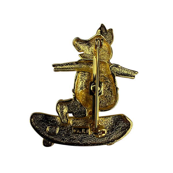 Vintage JJ Gold Tone Pig Skateboarder Pin Brooch Animal Motif  Jewelry