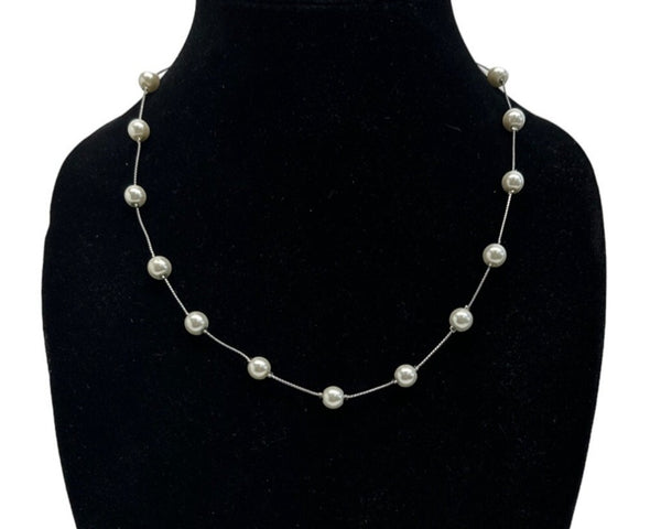 White Floating Faux Pearls Silver Tone Chain Necklace - 21.5in
