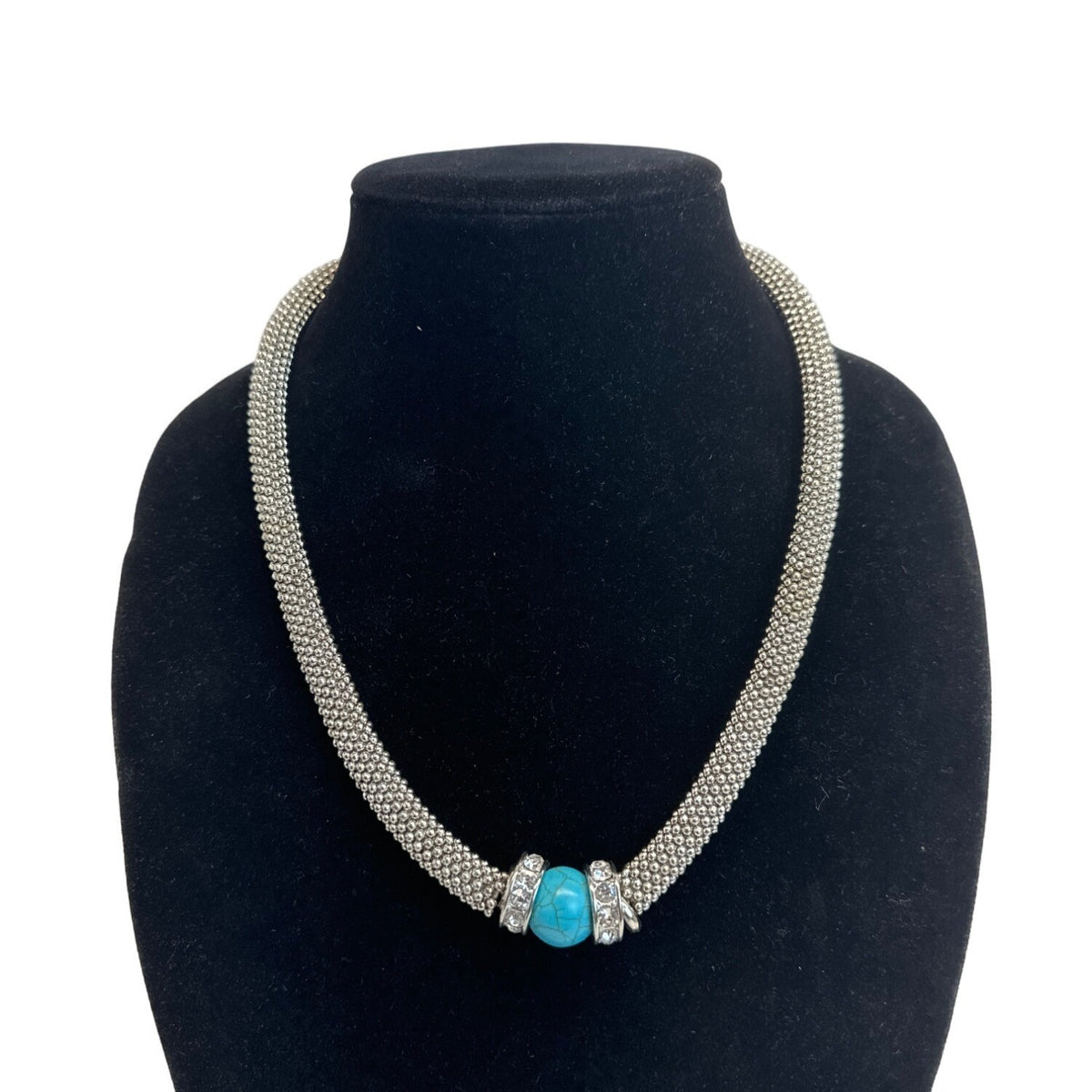 Heavy Turquoise  Cristal Accents Silver Tone Necklace and Bracelet Set - 22in