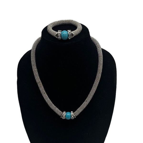 Heavy Turquoise  Cristal Accents Silver Tone Necklace and Bracelet Set - 22in