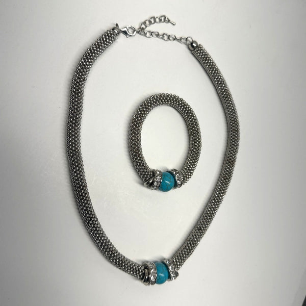 Heavy Turquoise  Cristal Accents Silver Tone Necklace and Bracelet Set - 22in