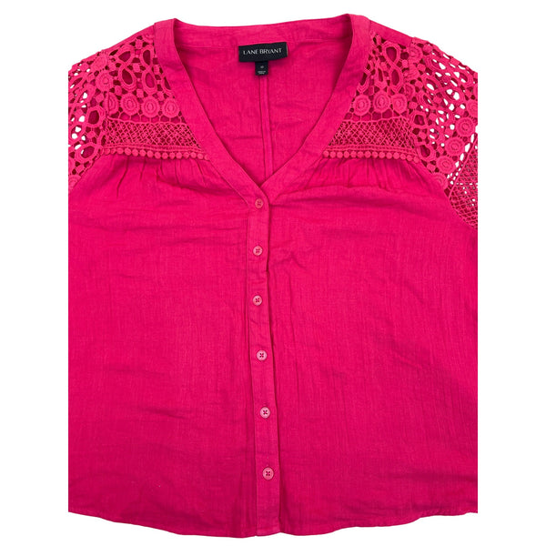 Lane Bryant Womens Pink Crochet Sleeve Button-Up Blouse Rayon Size 12 - New