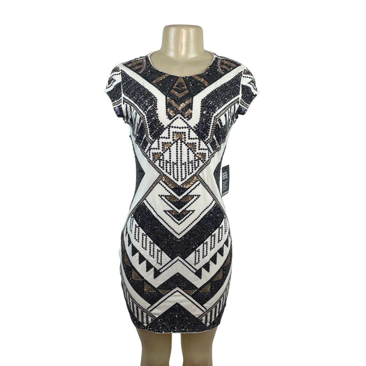 Express Women Black & White Sequin Geometric Mini Bodycon Dress Size S/P - New