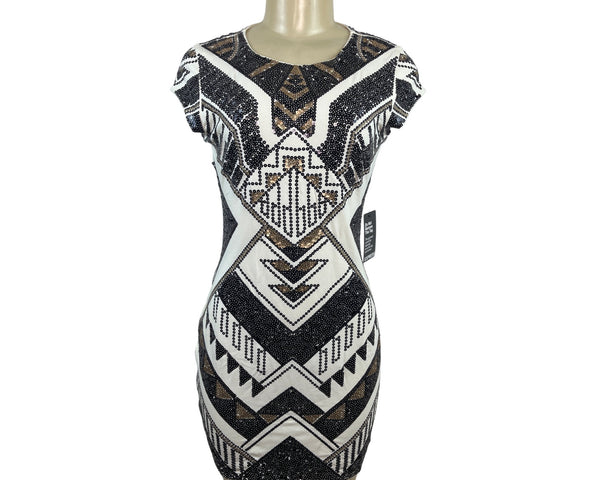 Express Women Black & White Sequin Geometric Mini Bodycon Dress Size S/P - New