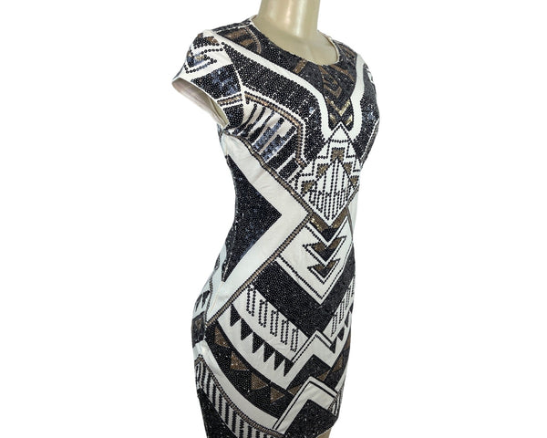 Express Women Black & White Sequin Geometric Mini Bodycon Dress Size S/P - New