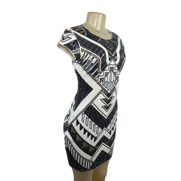 Express Women Black & White Sequin Geometric Mini Bodycon Dress Size S/P - New