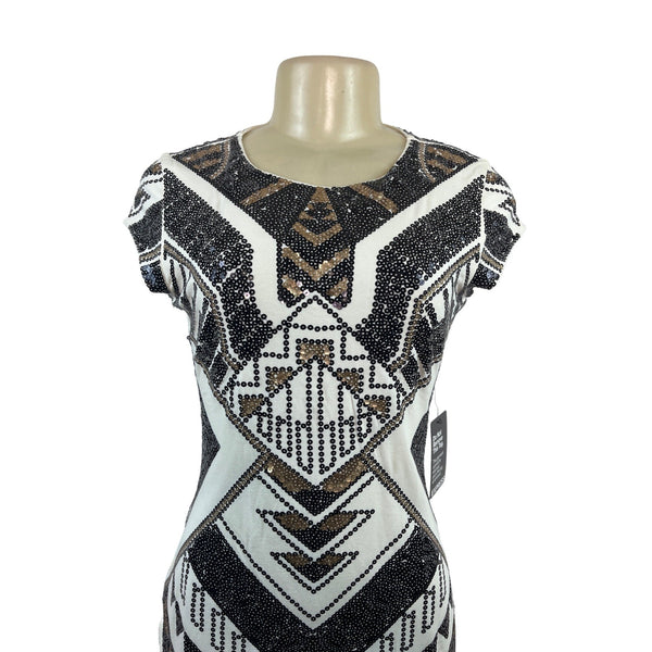 Express Women Black & White Sequin Geometric Mini Bodycon Dress Size S/P - New