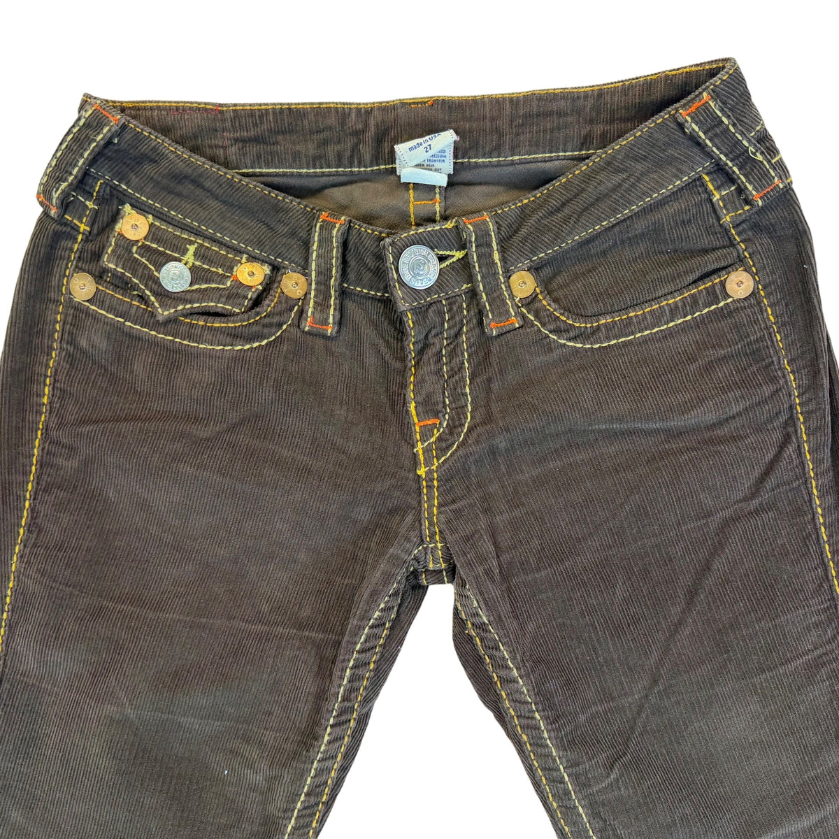 True Religion Women’s Brown Corduroy Jeans Slim Fit Stylish Stitching Size 27