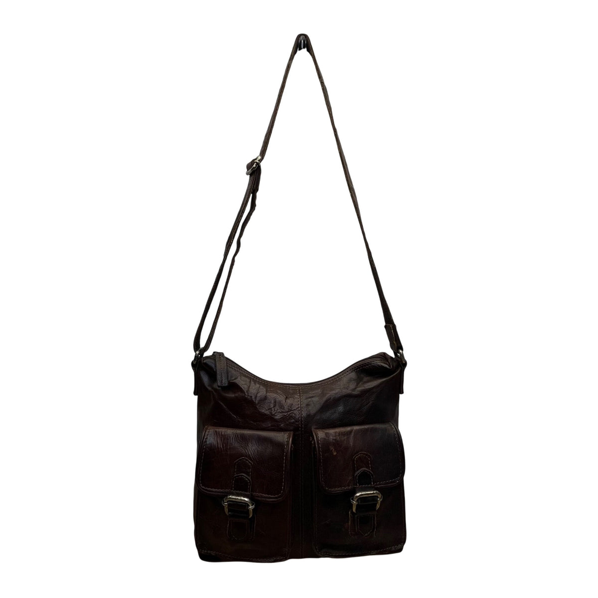 Spikes & Sparrow Womens Brown Leather Adjustable Crossbody Bag Dual Pocket