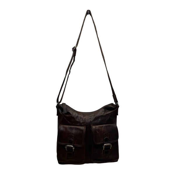Spikes & Sparrow Womens Brown Leather Adjustable Crossbody Bag Dual Pocket