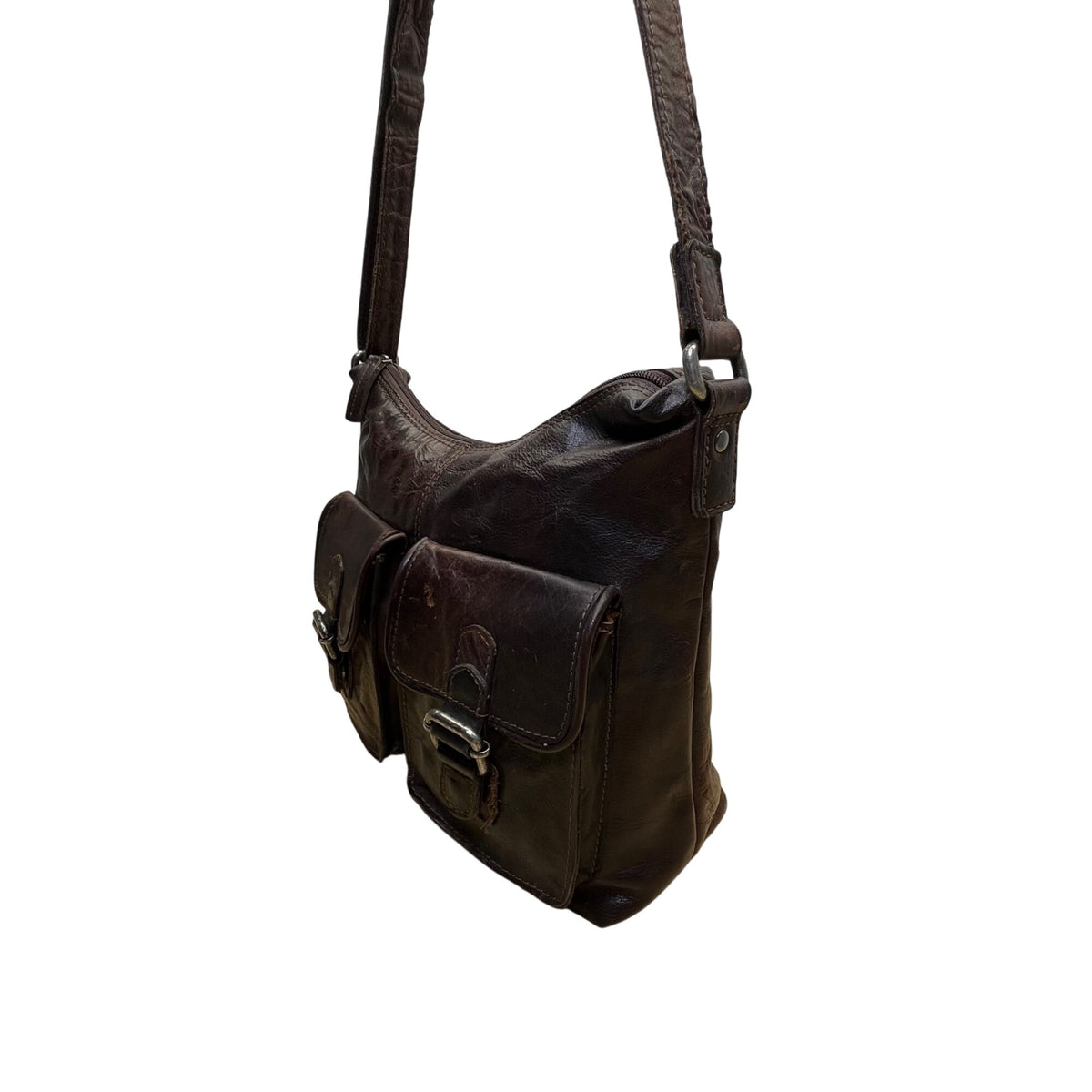 Spikes & Sparrow Womens Brown Leather Adjustable Crossbody Bag Dual Pocket