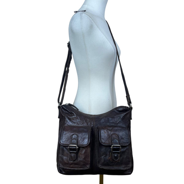 Spikes & Sparrow Womens Brown Leather Adjustable Crossbody Bag Dual Pocket