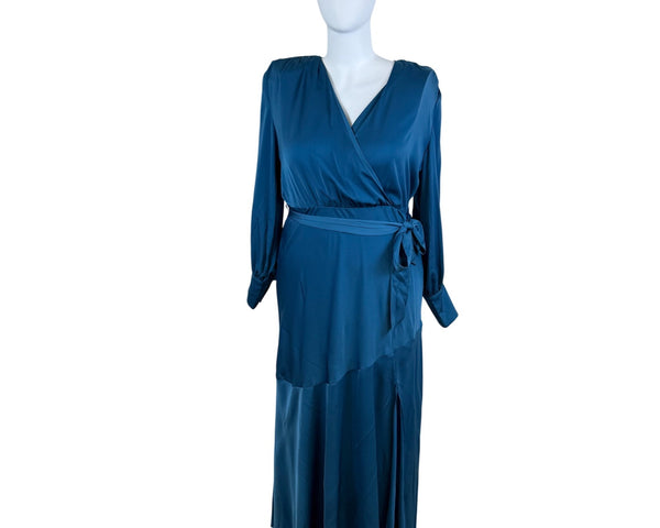 Elouquii Womens Blue Polyester Wrap Maxi Dress Belted Long Sleeve Elegant Sz 18