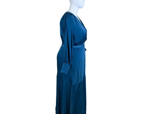 Elouquii Womens Blue Polyester Wrap Maxi Dress Belted Long Sleeve Elegant Sz 18