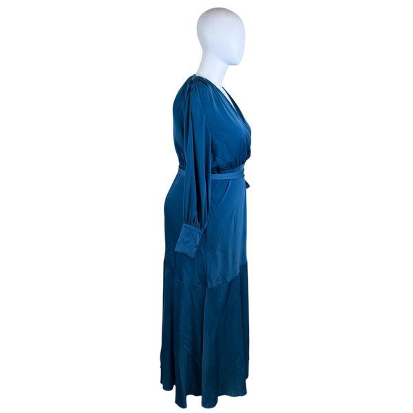 Elouquii Womens Blue Polyester Wrap Maxi Dress Belted Long Sleeve Elegant Sz 18