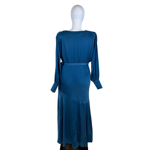Elouquii Womens Blue Polyester Wrap Maxi Dress Belted Long Sleeve Elegant Sz 18