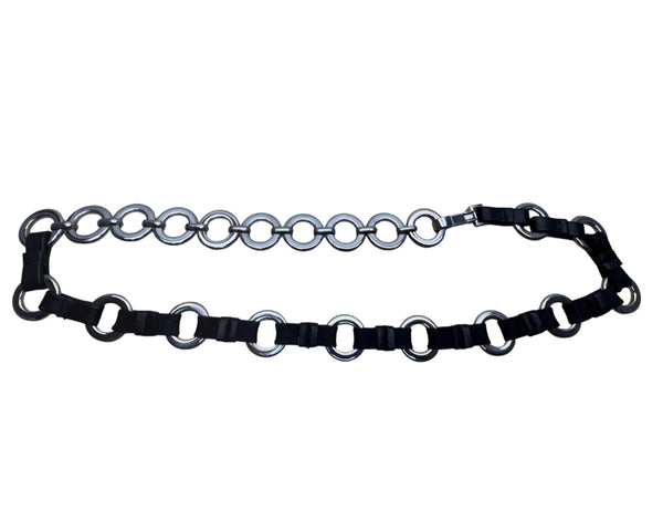 Chain Link & Faux Leather Belt Silver/Black Metal 34 Inches Adjustable Modern Design