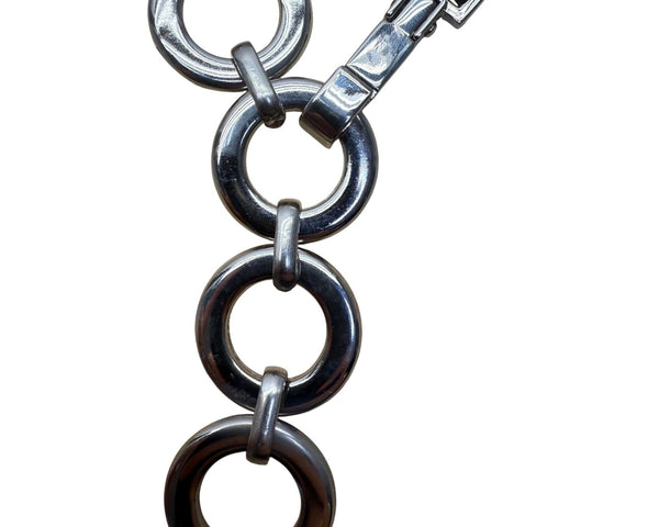 Chain Link & Faux Leather Belt Silver/Black Metal 34 Inches Adjustable Modern Design