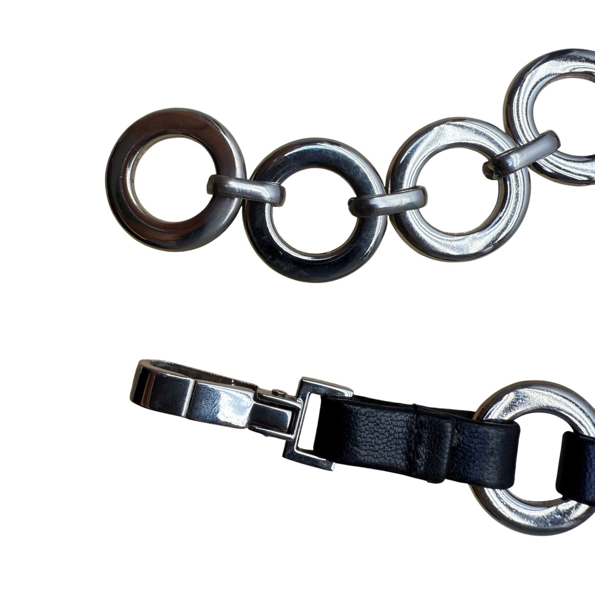 Chain Link & Faux Leather Belt Silver/Black Metal 34 Inches Adjustable Modern Design