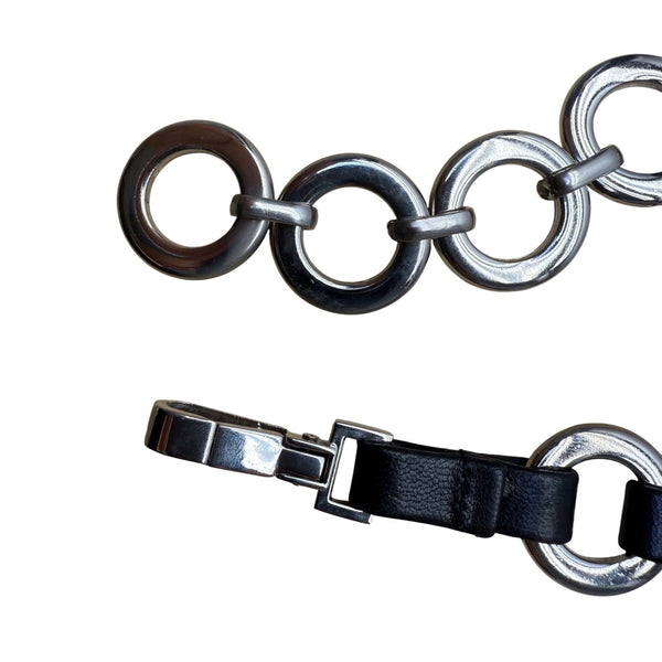 Chain Link & Faux Leather Belt Silver/Black Metal 34 Inches Adjustable Modern Design